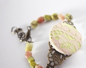 acid green and pink bracelet - natural stone fabric lace and antique bronze - spring lovely