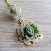 Pendant flower necklace- sage green rose and quartz bead on gold bubble with chain