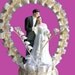 WEDDING BELLS - 1950s Vintage Chalkware Bride and Groom -White Gown and Tux - Pleated Cream Satin and Lily of the Valley