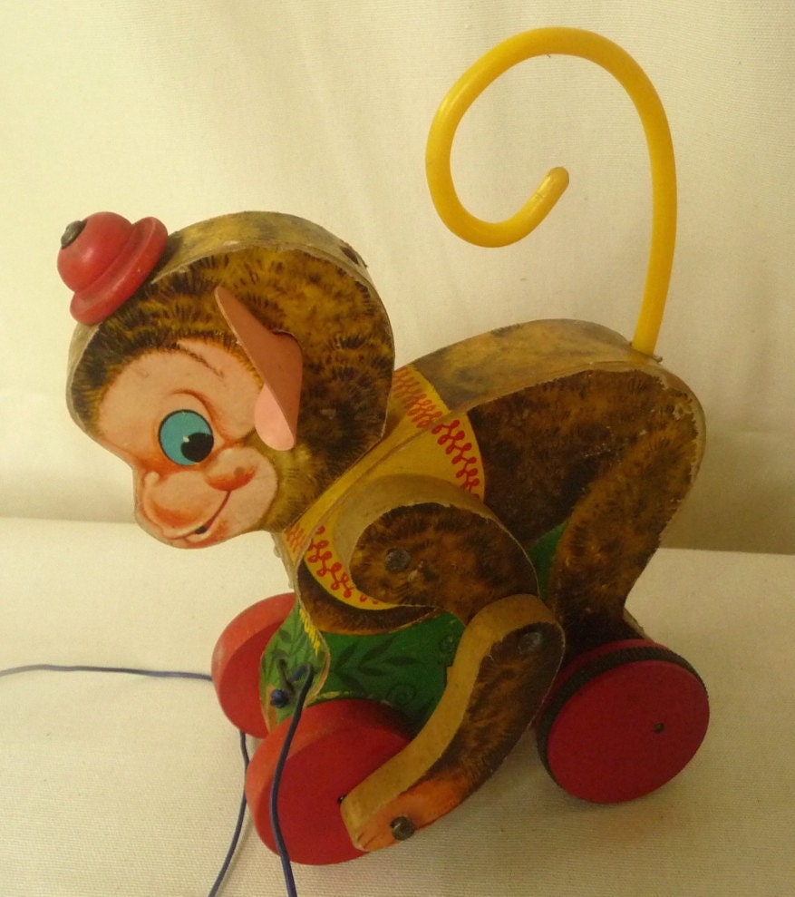 Vintage Chatter Monk Fisher Price Monkey Pull Toy 1957