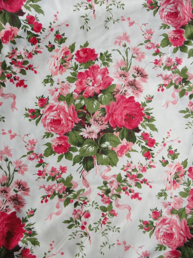 Vintage WAVERLY Rose Floral Fabric pink red bouquet 7 yards