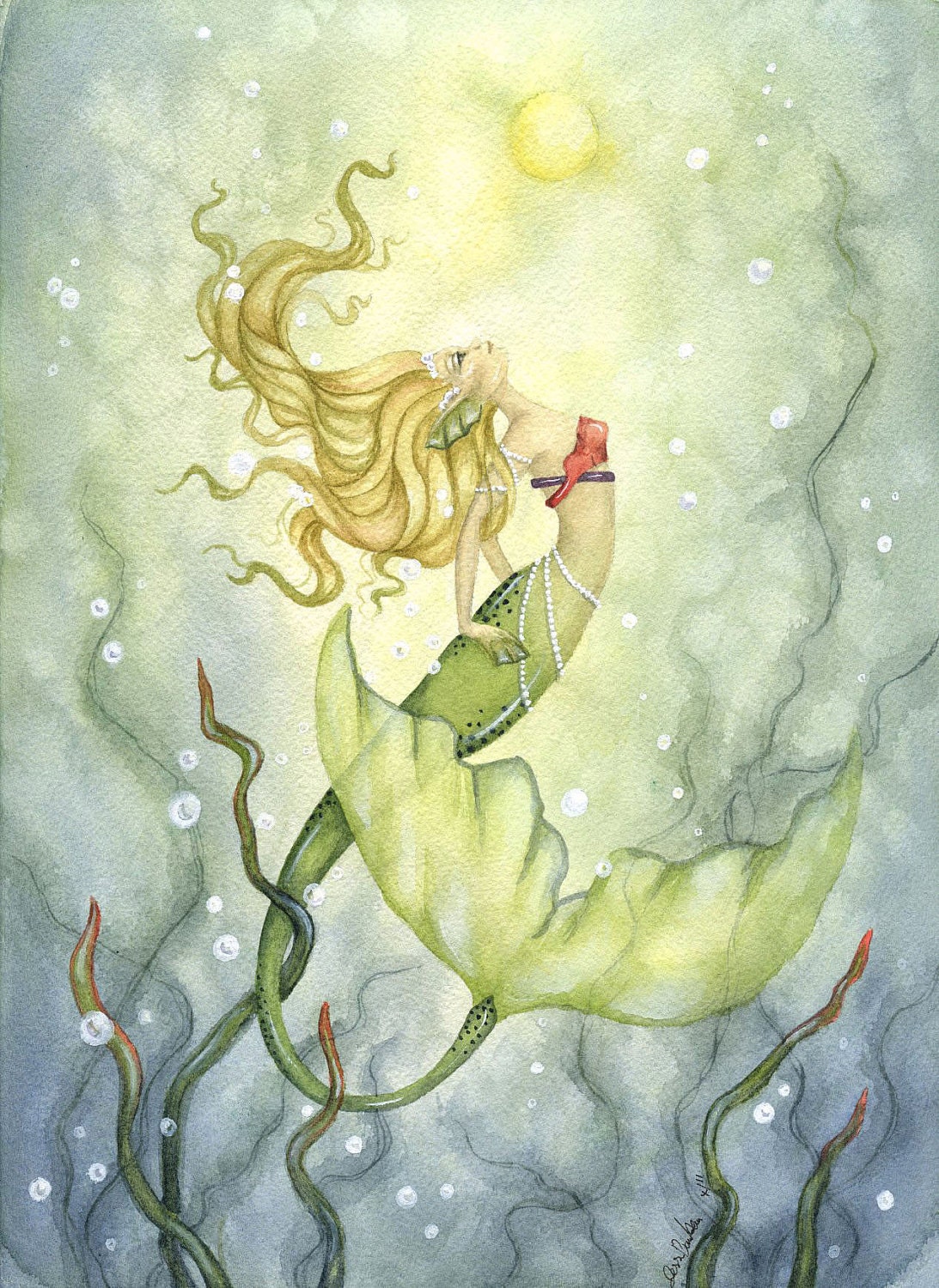 Mermaid Art Print 5x7 Emerging from the Deep Whimsical