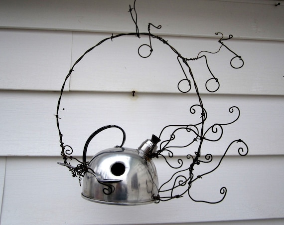 Singing Tea Kettle Birdhouse with Barbed Wire