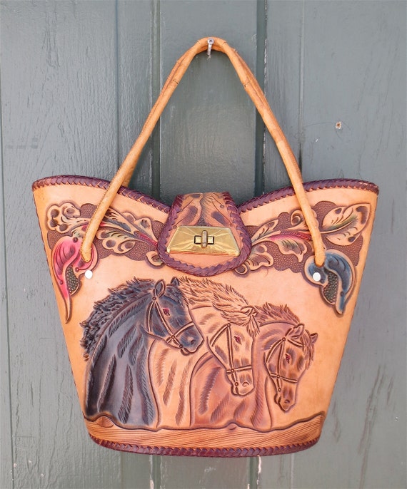 Vintage 1960&#39;s Hand Tooled Leather Western Purse by delilahsdeluxe