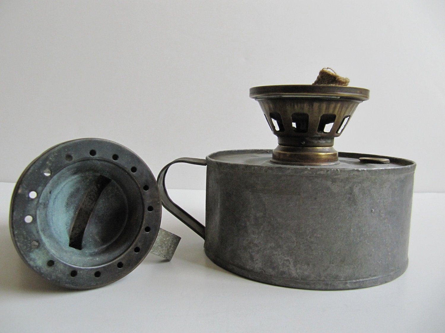 Antique Galvanized Metal and Brass Kerosene Oil Lamp L.R.