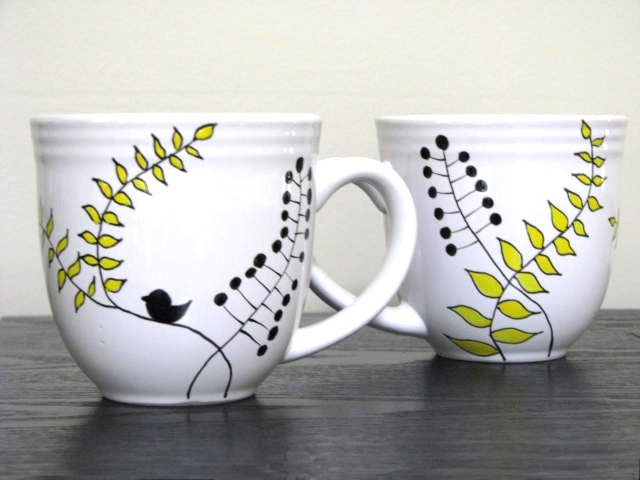 Hand Painted Mugs Modern Leaf Design
