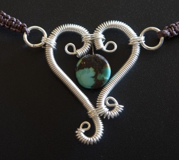 Handmade Jewelry Wire Wrapped Heart Turquoise Hemp