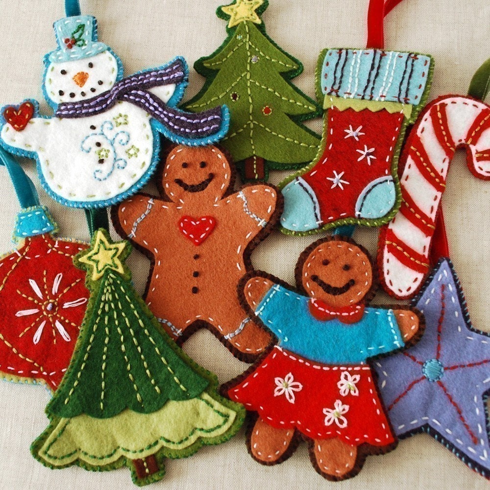 Gingerbread and Snowman Felt Christmas Ornament Set Digital