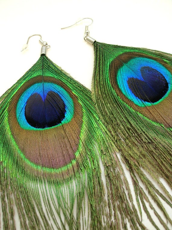 Peacock feather earring - Beautiful large peaock feather eyes earrings ...