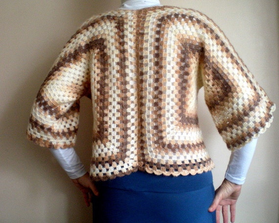Crochet Bolero Blended Brown Beige Sweater with Flower