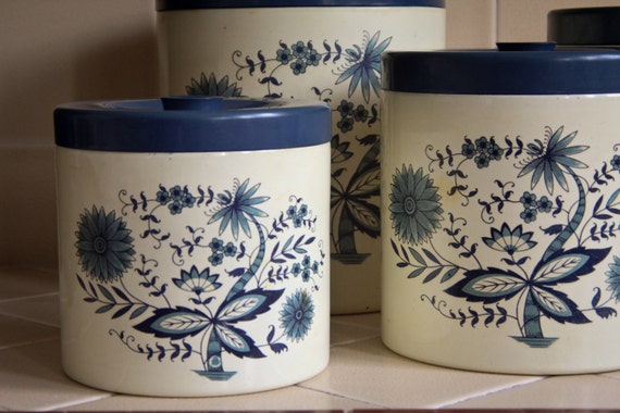 Vintage Kitchen Canisters Blue Floral Design