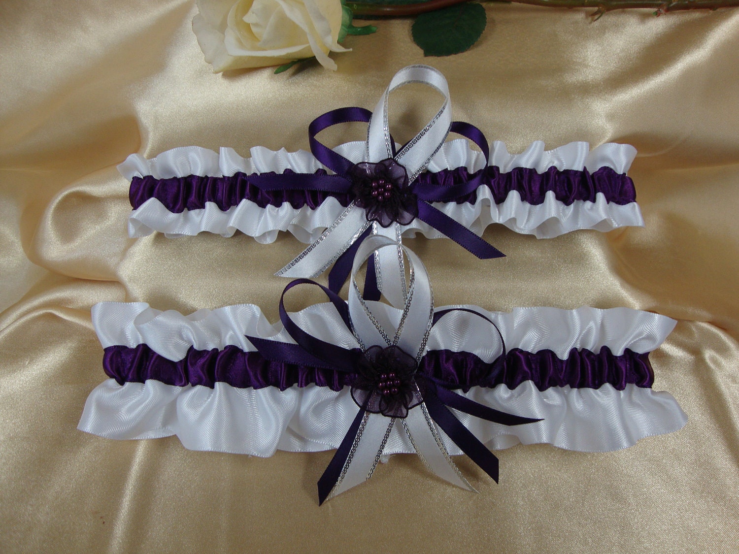 White Satin and Eggplant Wedding Garter Set