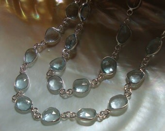 10% off, 3.5 Inch Strand, Natural Blue Topaz Faceted Beads with Sterling Silver Bezel Rim, Station Chain
