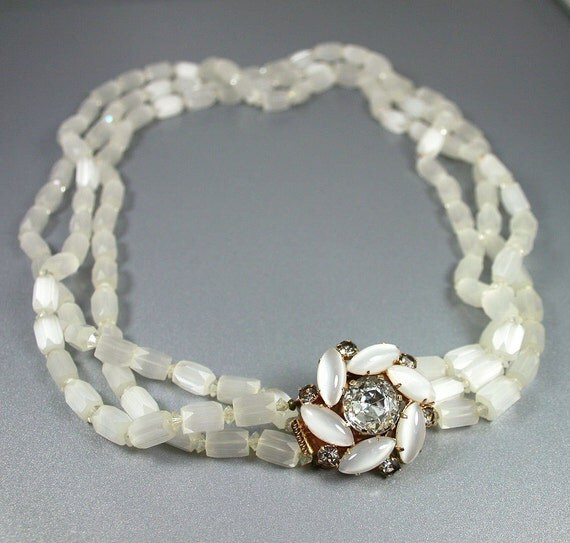Vintage Necklace White Satin Glass Bead Chunky Rhinestone