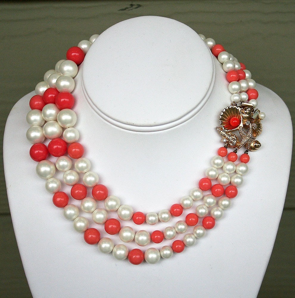 Vintage Marvella Necklace Three Strand Faux Pearl Coral Bead