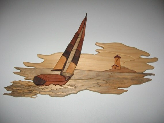 Items similar to Ship at Sea, handmade, intarsia, wood art 