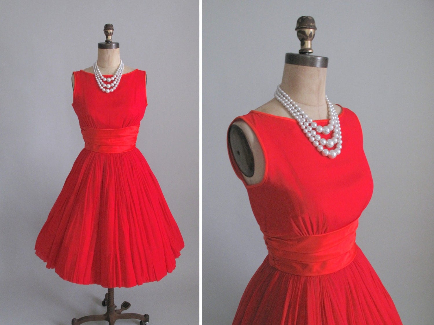 Vintage 1960s Prom Dress : 60s Red Chiffon Cocktail Dress