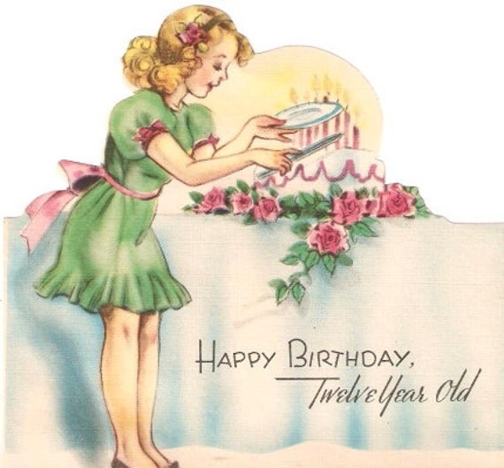 Pretty Girl and Cake Vintage Birthday Card by PaperPrizes on Etsy