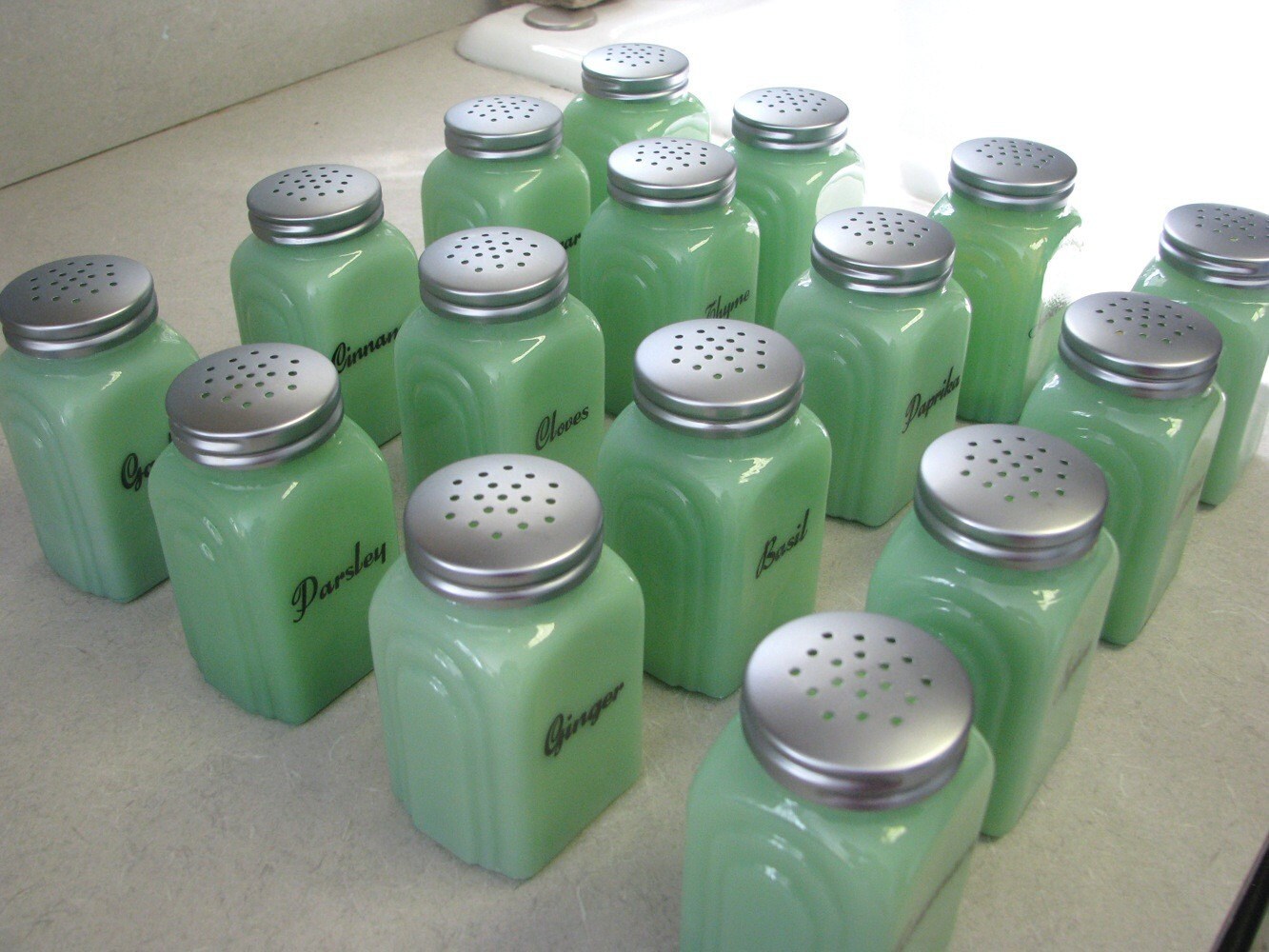 Reserved for iltbj Jadeite Spice Jars Set of 16