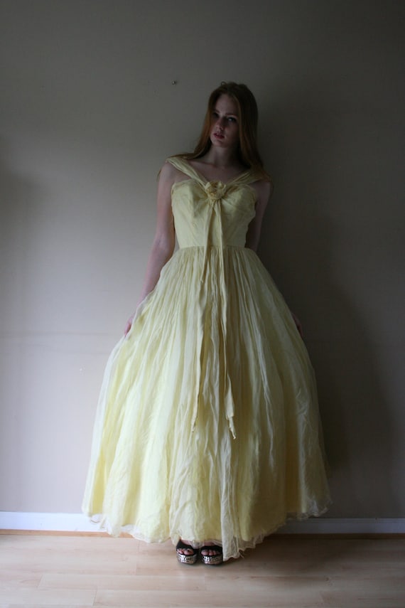  SALE  50s Party Dress  Prom Maxi Gown  Pale  Yellow  Chiffon