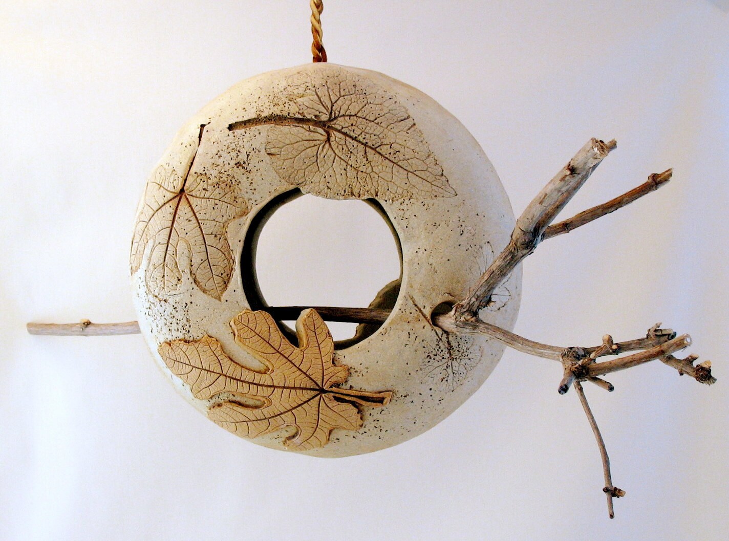 Hanging Clay Bird Feeder 2 Sided Using Real Leaves