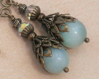 Earrings Amazonite and Oxidized Brass Vintage Style Dangle Earrings