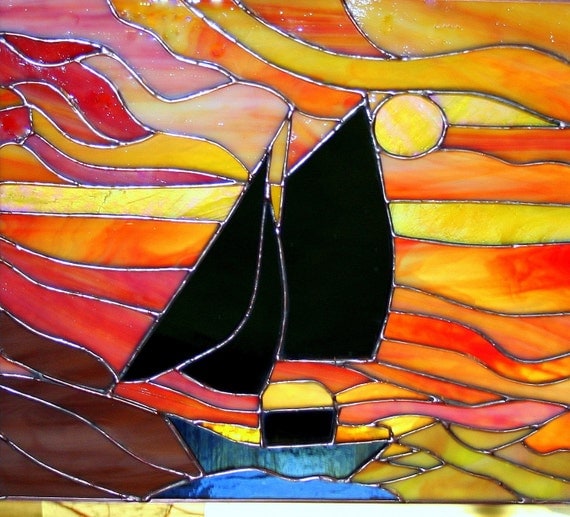 Sunset Schooner Stained Glass Panel