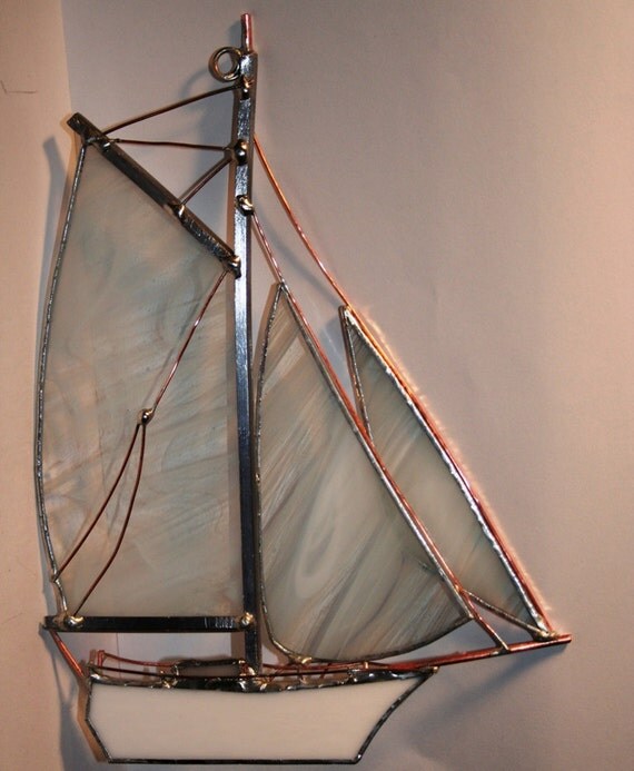 White Stained Glass Sail Boat Suncatcher Window Hanging