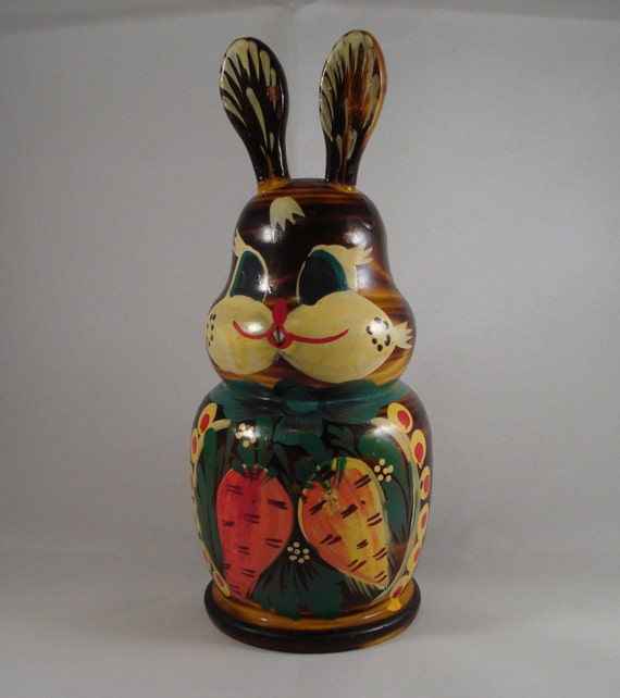 Vintage Hand Painted Wood Bunny Rabbit Bank