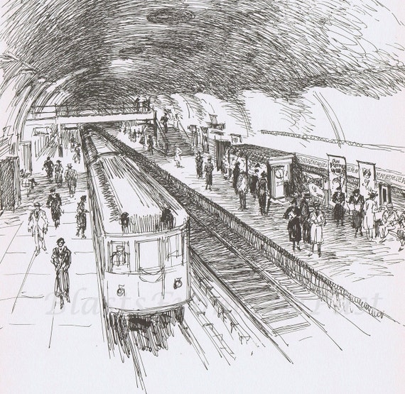 NEW YORK Subway Station Sketch vintage print by BlastsFromThePast