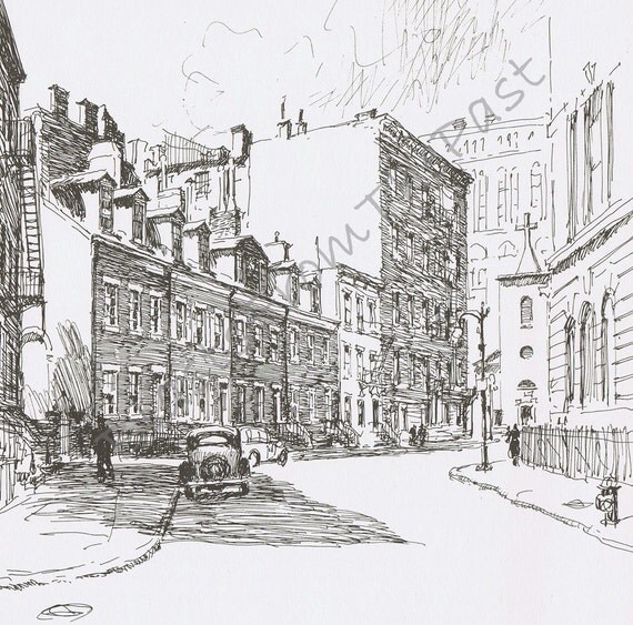 NEW YORK Pencil Sketch Vintage Print Grove Street Greenwich