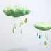 Lucky Little Cloud Mobile - "Raindrops keep falling on my head" fabric sculpture in turquoise blue, mint green, lime, yellow and white