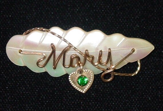 Vintage Leaf Mother Of Pearl Mary Name Pin Brooch With Heart