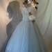 Vintage Lorrie Deb 1950s 60s Grey Blue Sweetheart Dress with Rhinestones Prom Wedding