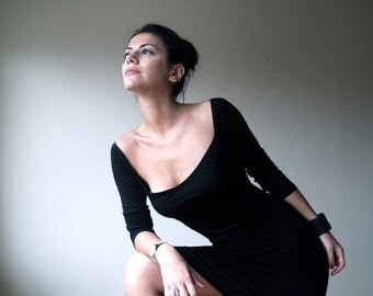 Black Elegant Dress / Classic Midi Dress with Long Sleeves and Square Neckline / Fitted Dress / marcellamoda - MD005