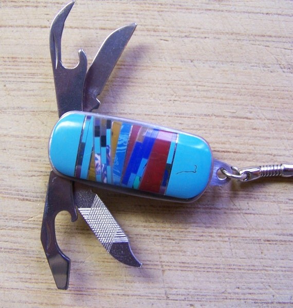 Inlaid Keychain And Swiss Army Style Knife