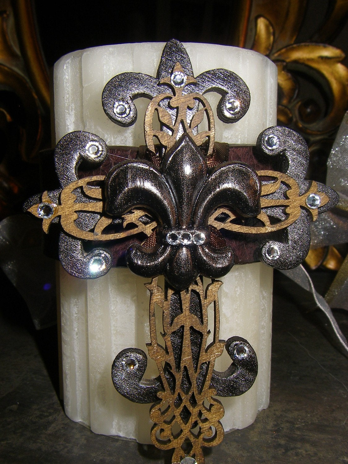 Leather Candle Wrap with Layered Wooden Crosses Encrusted in