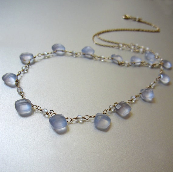 Blue Chalcedony and Rainbow Moonstone Solid 14k Gold Necklace