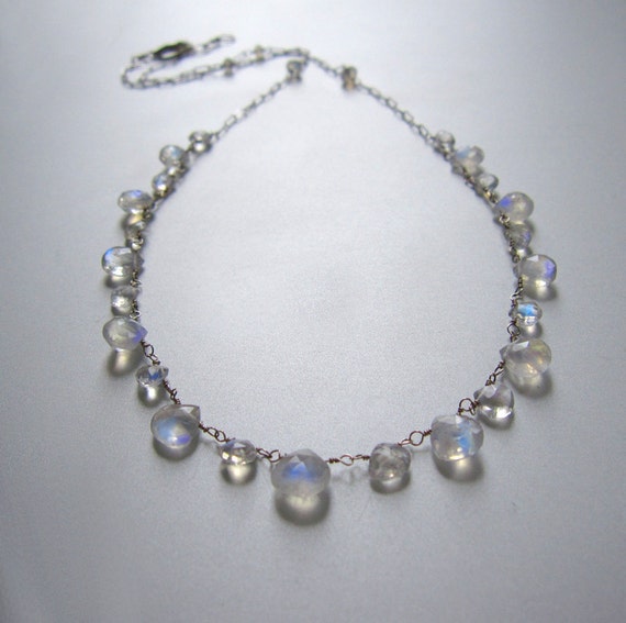 Rainbow Moonstone Solid 14k White Gold Necklace
