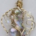 Necklace Pendant, wire wrapped ,sterling silver rainbow colour blister pearl,Gold-fill accent wire