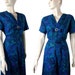 Vintage 1950s Sweet Peacock Blue Floral Cotton Day Dress Bust 44" Large