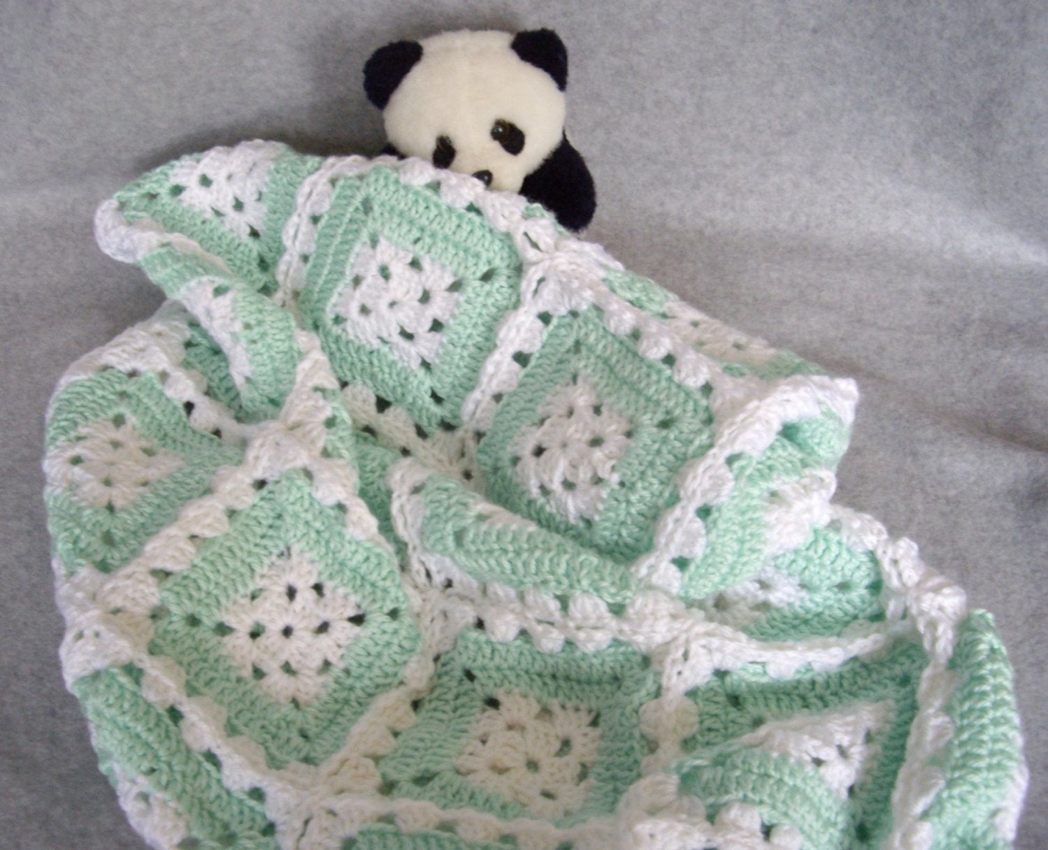 green and White Crocheted Baby Blanket by KathyRosewoodCottage