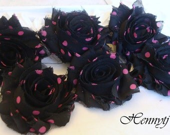 Set of 6 Shabby Frayed Vintage look Chiffon Rosette Flowers - Black with Pink Polka Dots