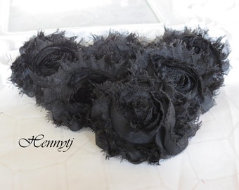 Set of 6 Shabby Frayed Vintage look Chiffon Rosette Flowers - Black