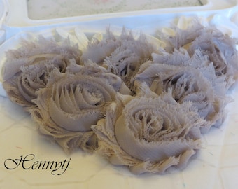 Set of 6 Shabby Frayed Vintage look Chiffon Rosette Flowers - Taupe