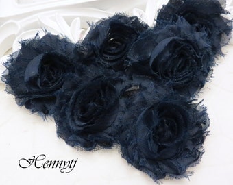 Set of 6 Shabby Frayed Vintage look Chiffon Rosette Flowers - Dark navy Blue