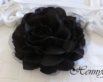1 pc New Large Shabby Chic Frayed Wrinkled Cotton Voile and Tulle Rose Fabric Flower - Black
