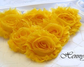 Set of 6 Shabby Frayed Vintage look Chiffon Rosette Flowers - BRIGHT Yellow