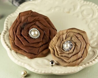 Prima Flowers : Coiled Pearls - Catherine Caramel Brown Rolled Rosette Satin Fabric Flowers