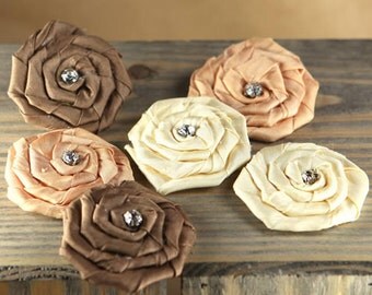 Prima Flowers: Allure - 553111 Mocha cream caramel chocolate rhinestone fabric flowers. Rolled Rosette Rose Bud Neutral Fabric Flowers.